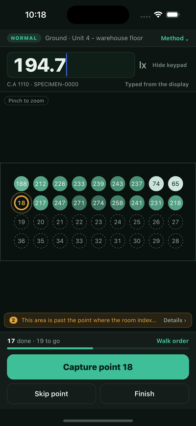 The app mid-survey: a reading of 194.7 lux typed from the meter's display, seventeen points already plotted and shaded on the grid, point eighteen ringed as next, and a progress line reading seventeen done, nineteen to go.