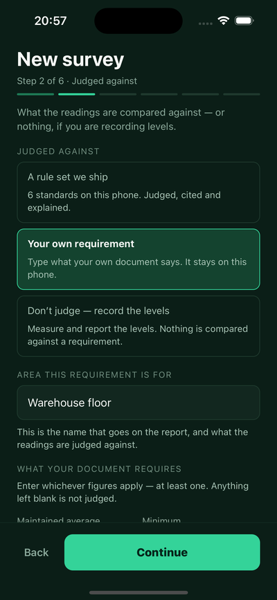 Step 2 of 6 of a new survey, headed Judged against. Three choices: a rule set shipped with the app, your own requirement, which is selected, or don't judge and record the levels only. Below it, the area the requirement is for reads Warehouse floor.