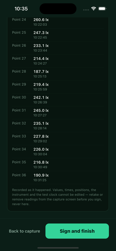 The tail of the reading list on the review screen: points 24 to 36, each with its value in lux and the time it was taken, ending at point 36 and followed by a note that values, times, positions, the instrument and the test clock cannot be edited — a reading is retaken or removed on the capture screen before signing, never here.