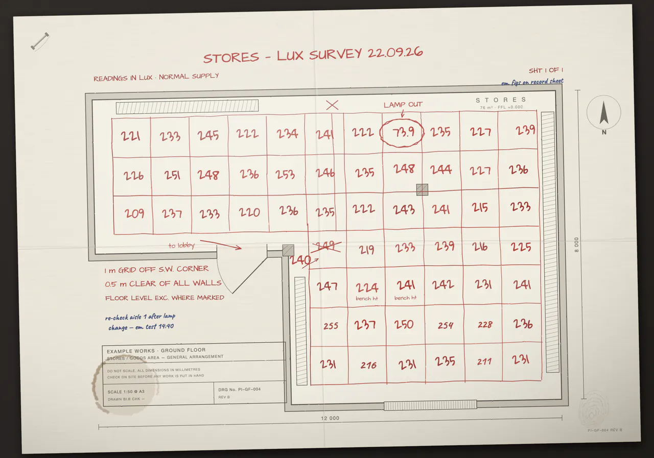 A hand-marked paper lux survey plan from the Luxwork film, with readings written in red on a grid. Illustration with invented readings.