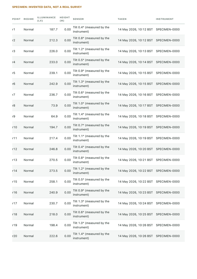 Page 4, the readings table for points r1 to r20. Each row gives the regime, the reading in lux, a height of 0.00 metres, the sensor tilt measured by the instrument, the time it was taken on 14 May 2026 in BST, and the instrument serial.