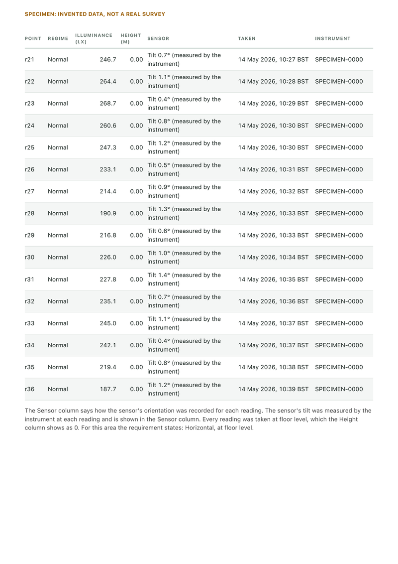 Page 5, readings r21 to r36 in the same columns, then a note that the sensor's tilt was measured by the instrument at each reading and that every reading was taken at floor level.